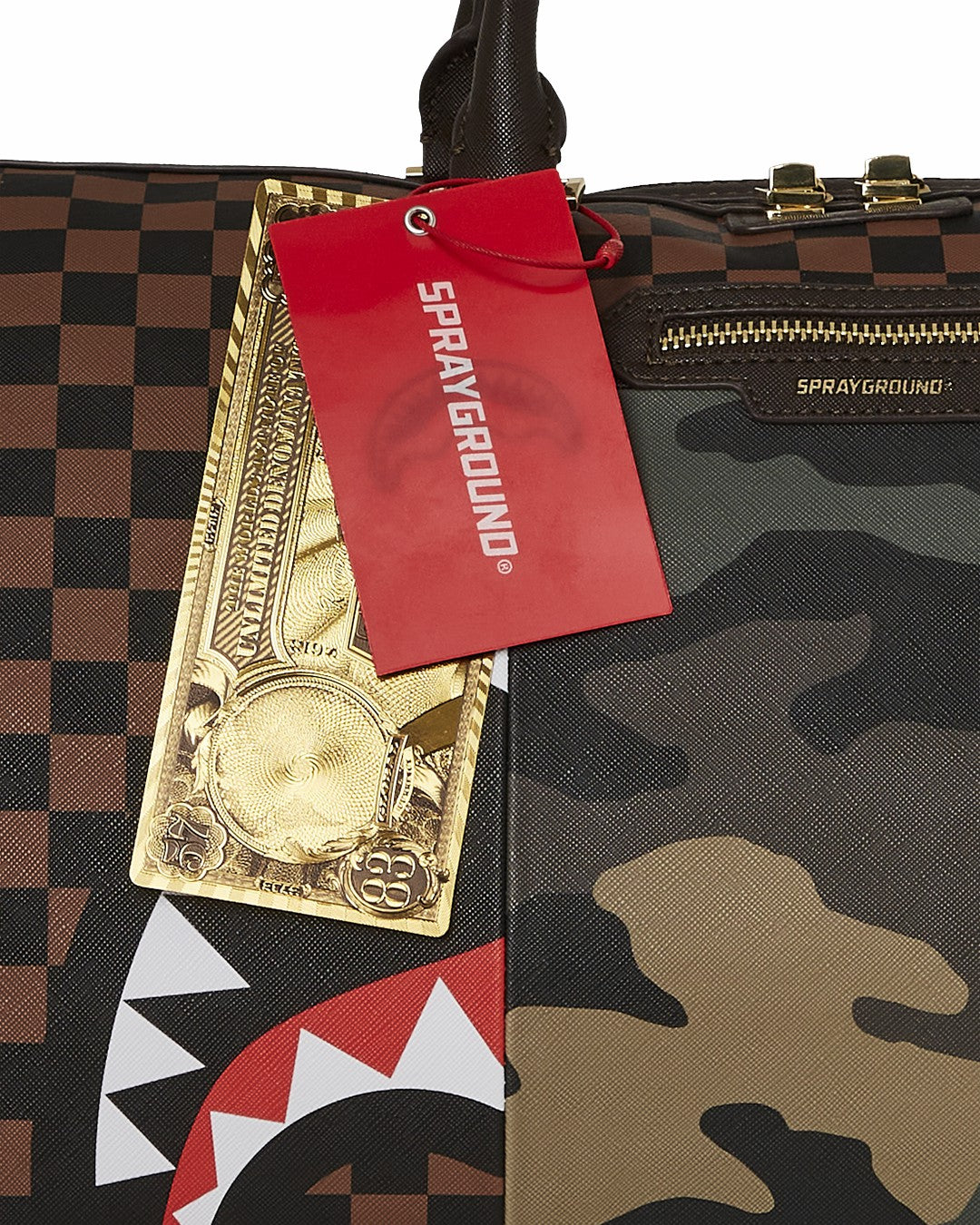 Sprayground EXTERIOR GOLD ZIP POCKET SHARKS IN PARIS DUFFLE