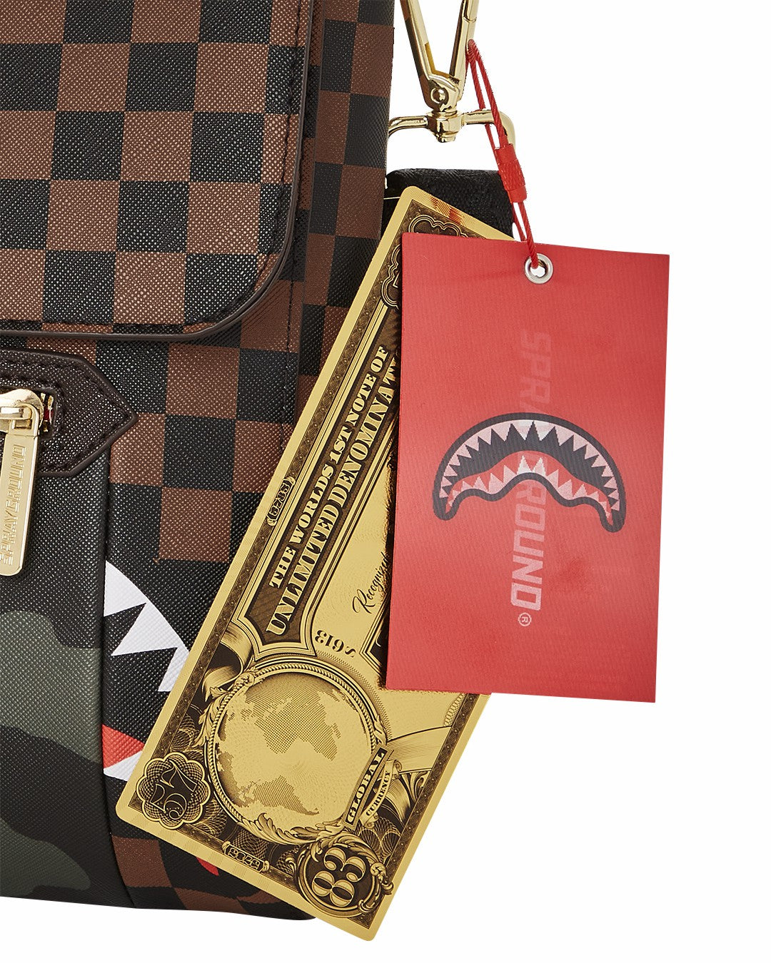 Sprayground EXTERIOR GOLD ZIP POCKET SHARKS IN PARIS MESSENGER SLING BAG